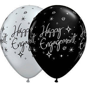 Palloncini 12" bianchi e neri stampa Happy Engagement busta da 25 Pz.