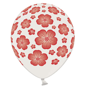 Palloncini metallizzati bianchi stampa sul globo in rosso "Fiori" busta da 50 Pz.