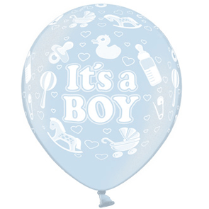 Palloncini metallizzati azzurri stampa sul globo "It's a Boy". Busta 50 Pz.